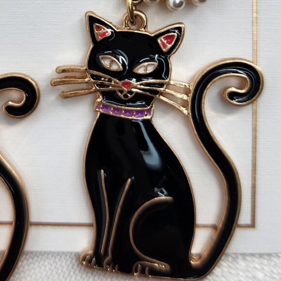 CANVAS Black Cat Dangle Drop Earrings Gold Tone Faux Pearl Studs NWT - Picture 5 of 6